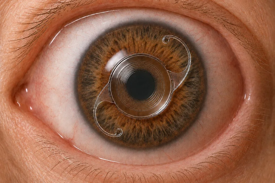 Lente intraocular implantada no olho, com as hastes de apoio apoiadas atrás da íris