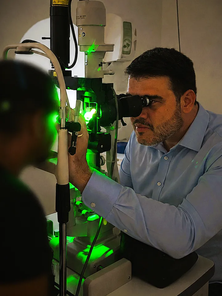 Aplicação de fotocoagulação a laser: o feixe verde do laser na lâmpada de fenda, com o médico ao microscópio