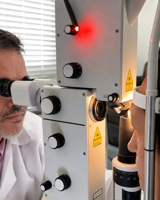 Aplicação de laser na lâmpada de fenda, com o médico ao microscópio