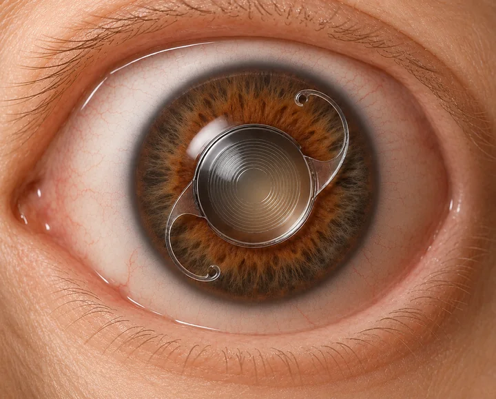 Lente intraocular implantada no olho, com as hastes de apoio visíveis sobre a íris