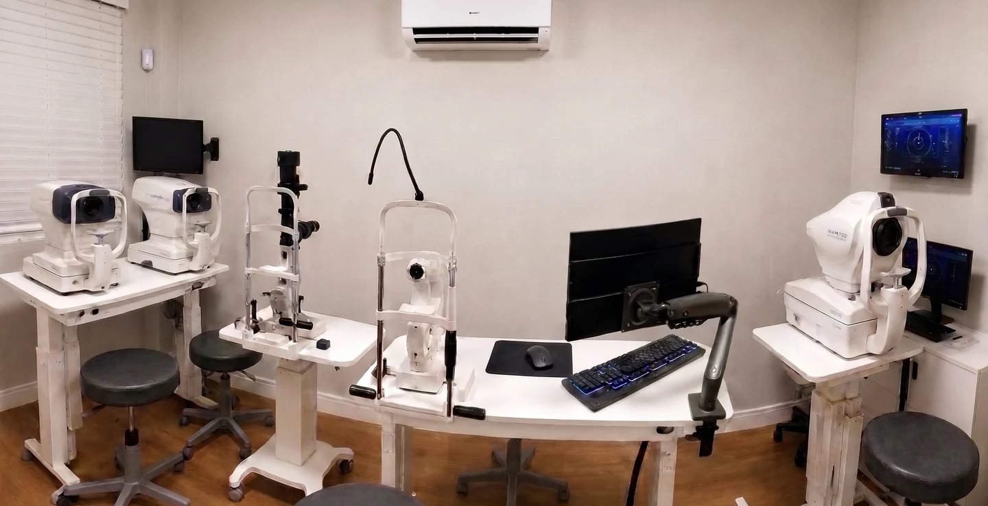 Segunda sala de exames da unidade de Santa Teresa, com o WAM 700 à direita, a lâmpada de fenda ao centro e os aparelhos de imagem à esquerda